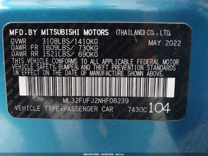 2022 Mitsubishi Mirage G4 VIN: ML32FUFJ2NHF08239 Lot: 44741982