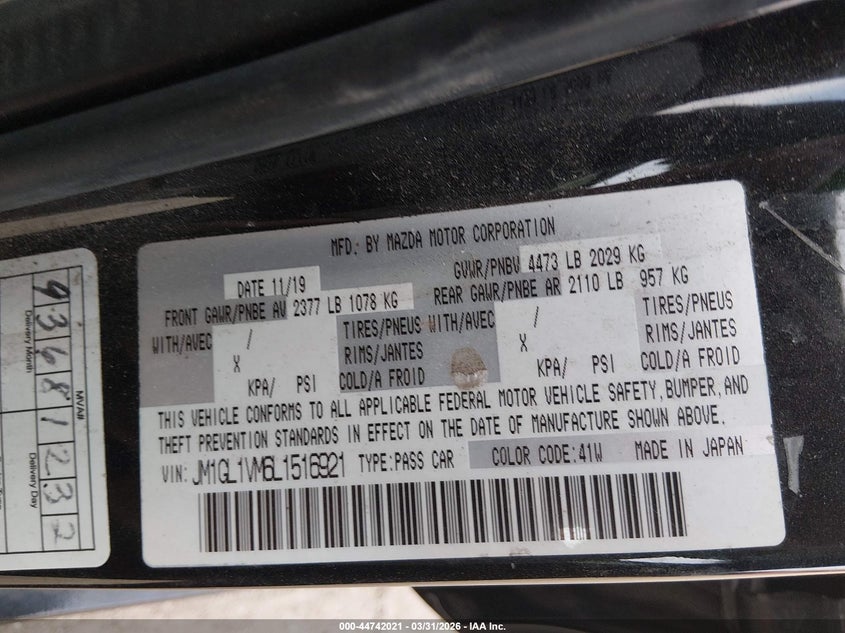 2020 Mazda Mazda6 Touring VIN: JM1GL1VM6L1516921 Lot: 44742021