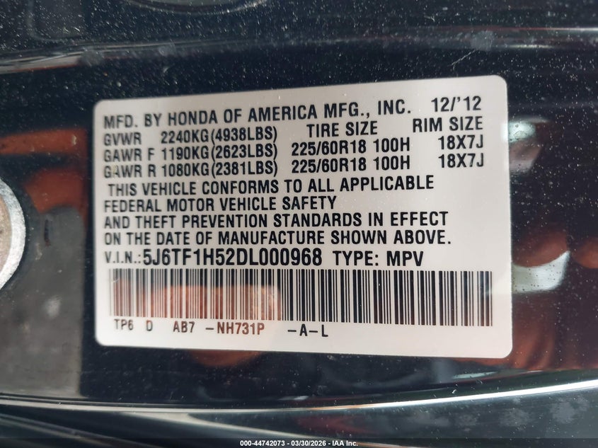 2013 Honda Crosstour Ex-L V6 VIN: 5J6TF1H52DL000968 Lot: 44742073