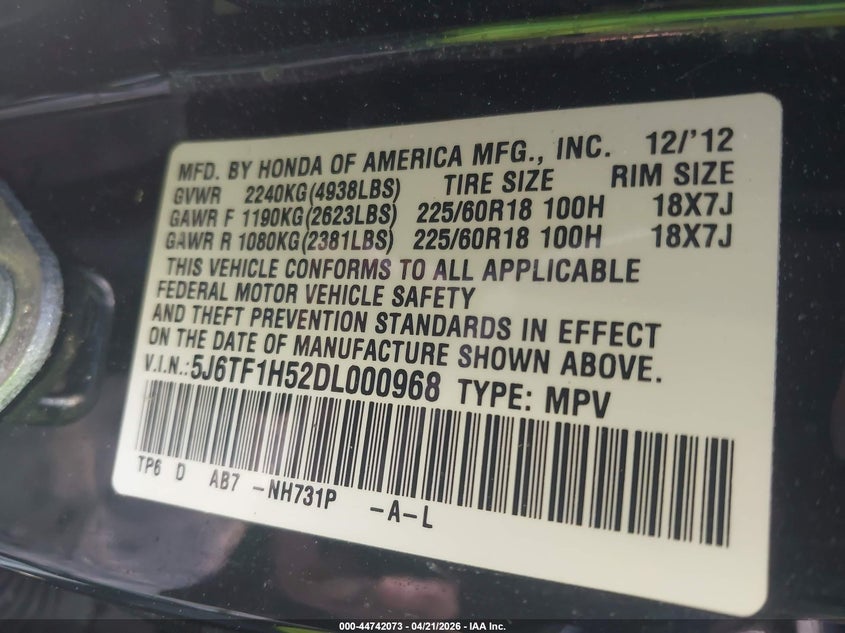2013 Honda Crosstour Ex-L V6 VIN: 5J6TF1H52DL000968 Lot: 44742073