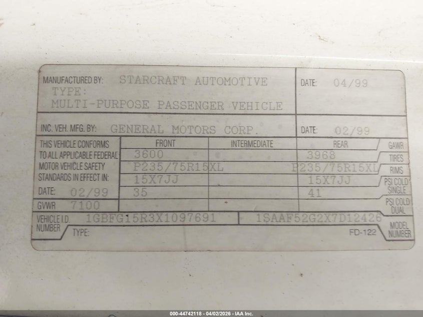 1999 Chevrolet Express VIN: 1GBFG15R3X1097691 Lot: 44742118