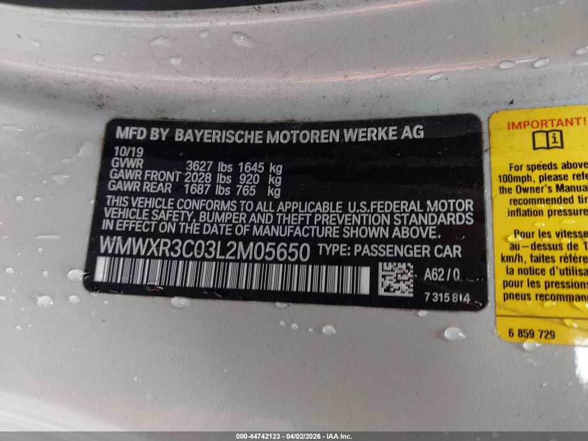 2020 Mini Hardtop Cooper VIN: WMWXR3C03L2M05650 Lot: 44742123