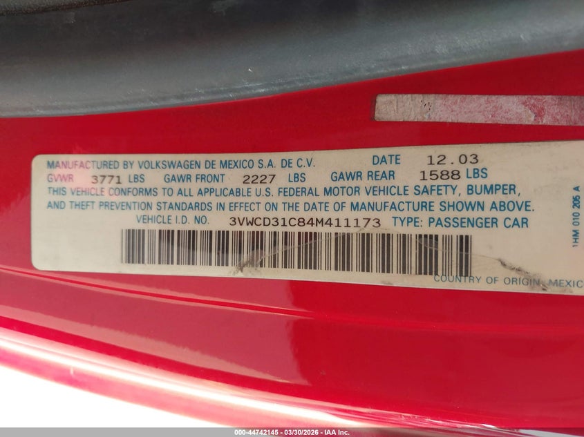 VOLKSWAGEN NEW BEETLE 2004 VIN 3VWCD31C84M411173