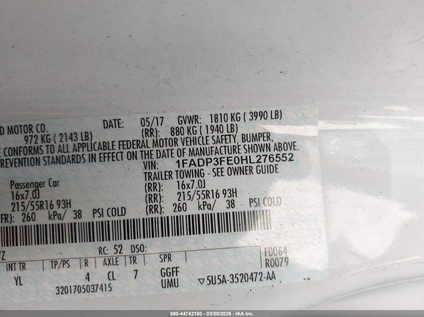 VIN 1FADP3FE0HL276552 2017 FORD FOCUS SE