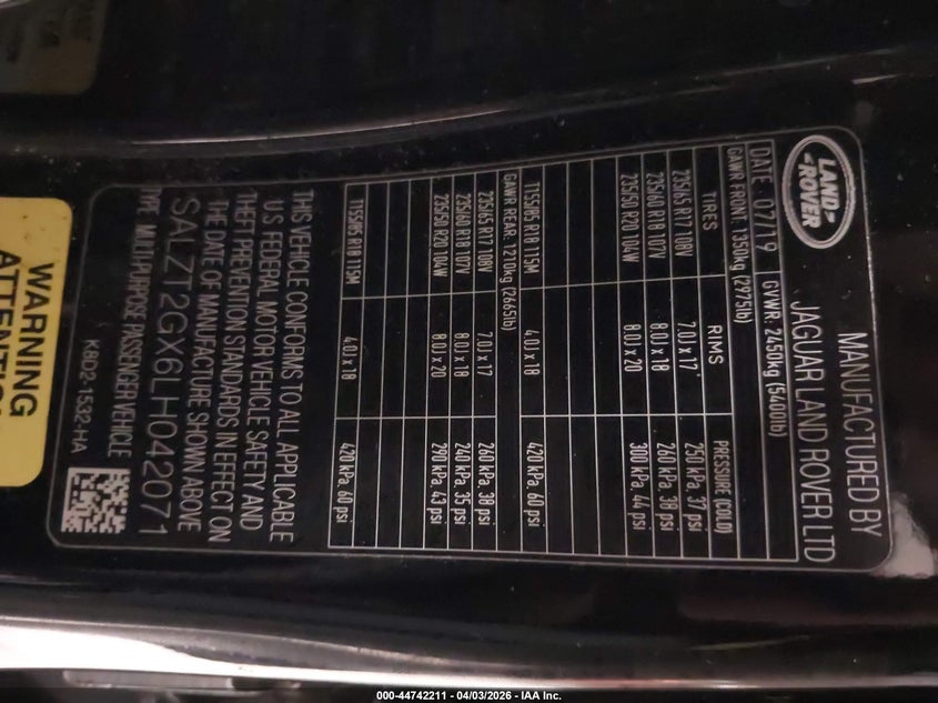 2020 Land Rover Range Rover Evoque R-Dynamic S VIN: SALZT2GX6LH042071 Lot: 44742211