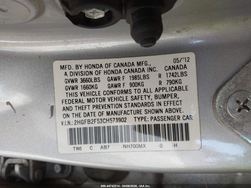 2012 Honda Civic 1.8 Lx silver Lot 111044742214 Vin 2HGFB2F53CH573902
