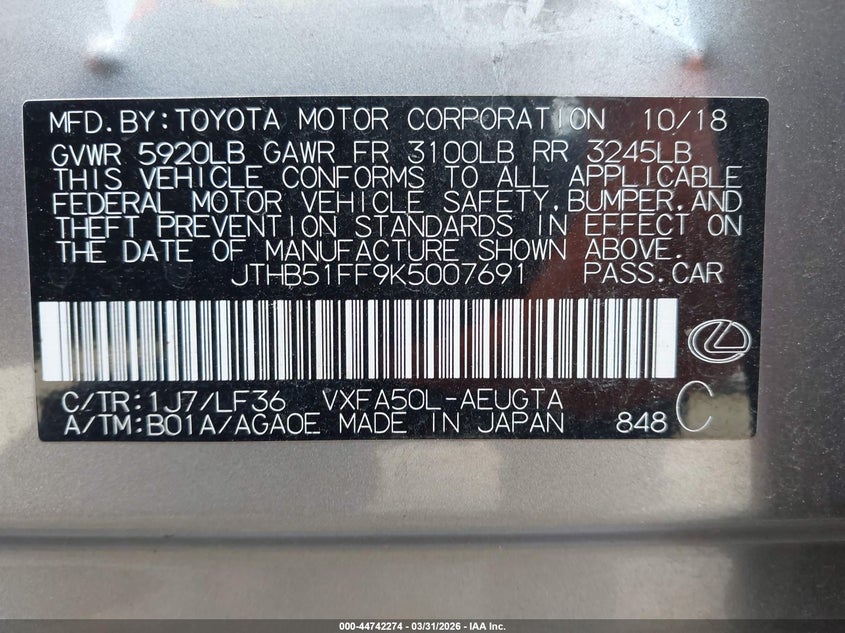 2019 Lexus Ls 500 F Sport VIN: JTHB51FF9K5007691 Lot: 44742274