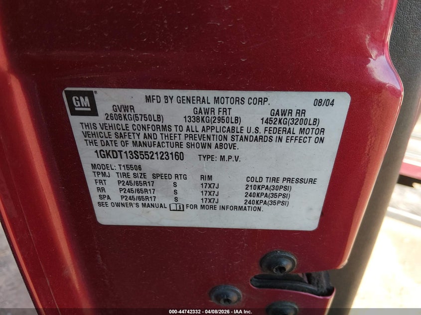 2005 GMC Envoy Slt VIN: 1GKDT13S552123160 Lot: 44742332