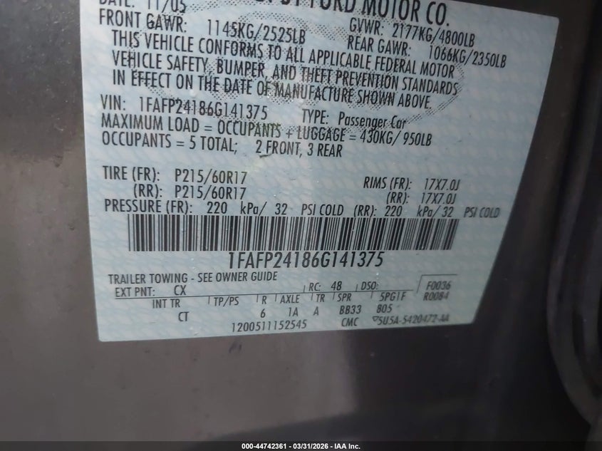 2006 Ford Five Hundred Sel VIN: 1FAFP24186G141375 Lot: 44742361