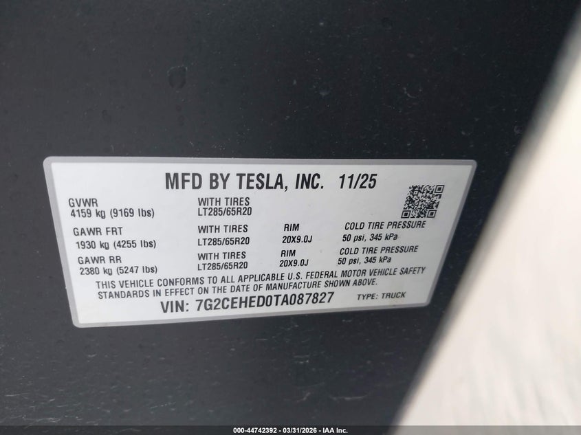 2026 Tesla Cybertruck Premium All-Wheel Drive VIN: 7G2CEHED0TA087827 Lot: 44742392