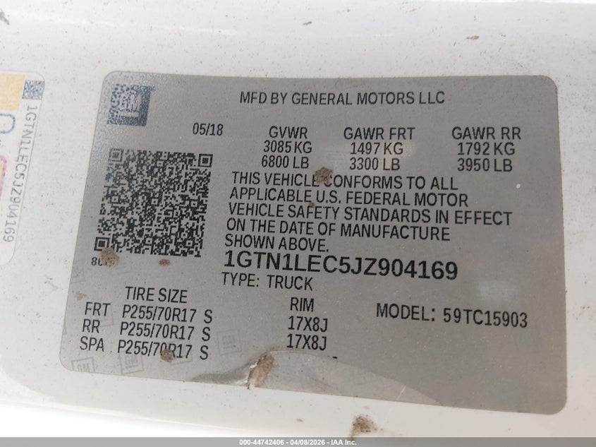 2018 Gmc 5.3 1500 White Lot 111044742406 Vin 1GTN1LEC5JZ904169