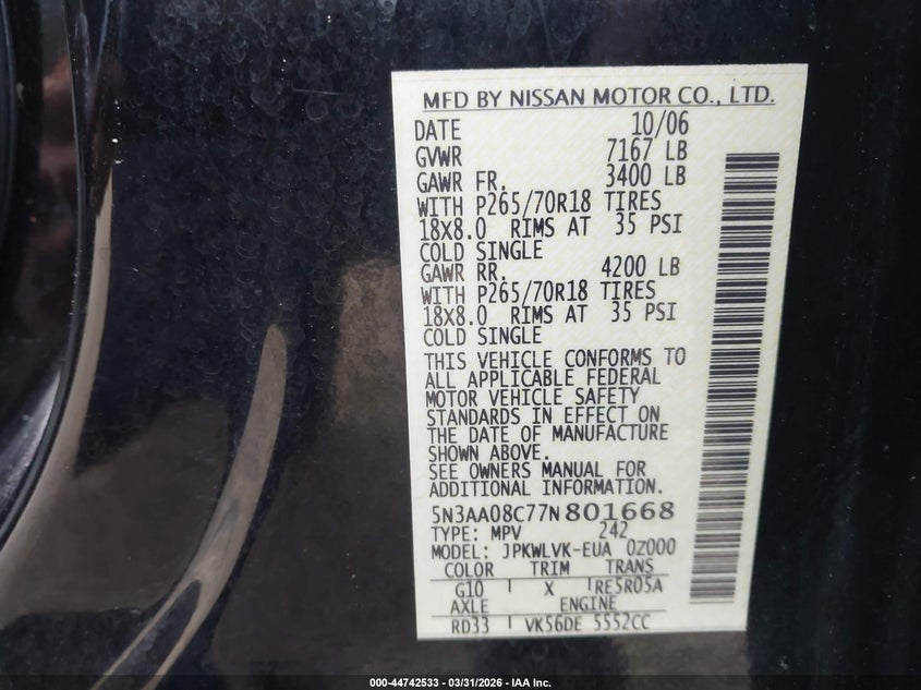 2007 Infiniti Qx56 VIN: 5N3AA08C77N801668 Lot: 44742533