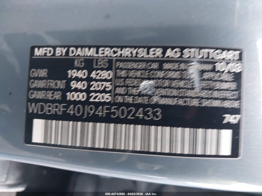 2004 Mercedes-Benz C 230 Kompressor Sport/Sport VIN: WDBRF40J94F502433 Lot: 44742580