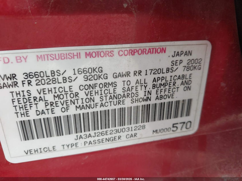 2003 Mitsubishi Lancer Es VIN: JA3AJ26E23U031228 Lot: 44742657