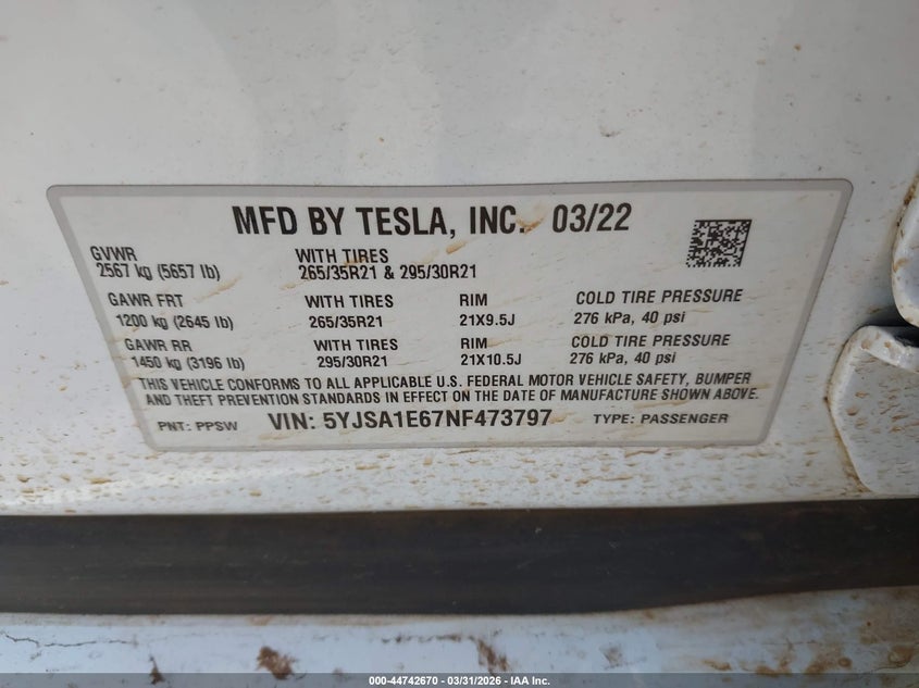 2022 Tesla Model S Plaid VIN: 5YJSA1E67NF473797 Lot: 44742670