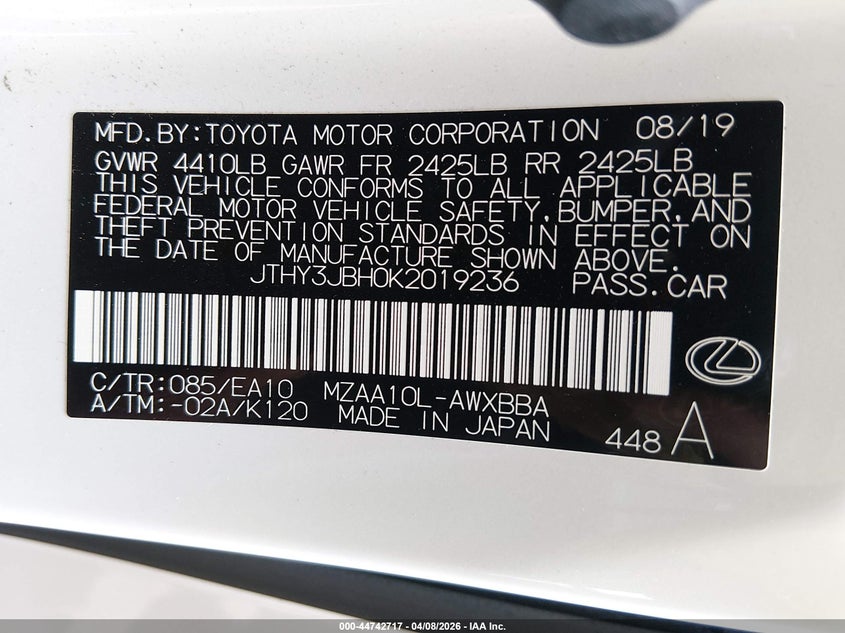 2019 Lexus Ux 200 VIN: JTHY3JBH0K2019236 Lot: 44742717