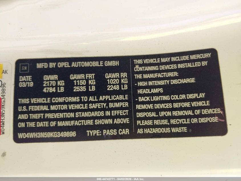 2019 Buick Cascada Premium VIN: W04WH3N59KG349896 Lot: 44742771