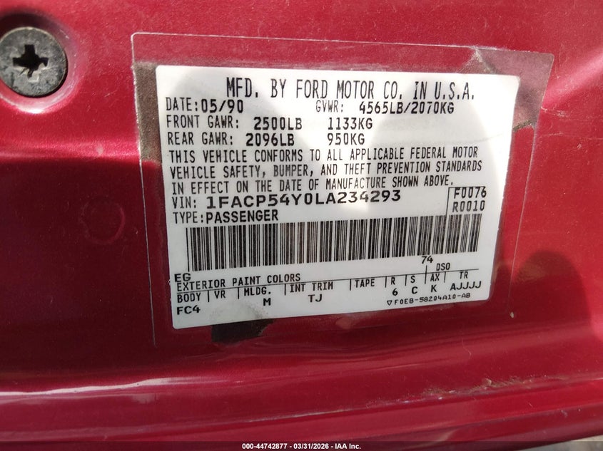 1990 Ford Taurus Sho VIN: 1FACP54YDLA234293 Lot: 44742877