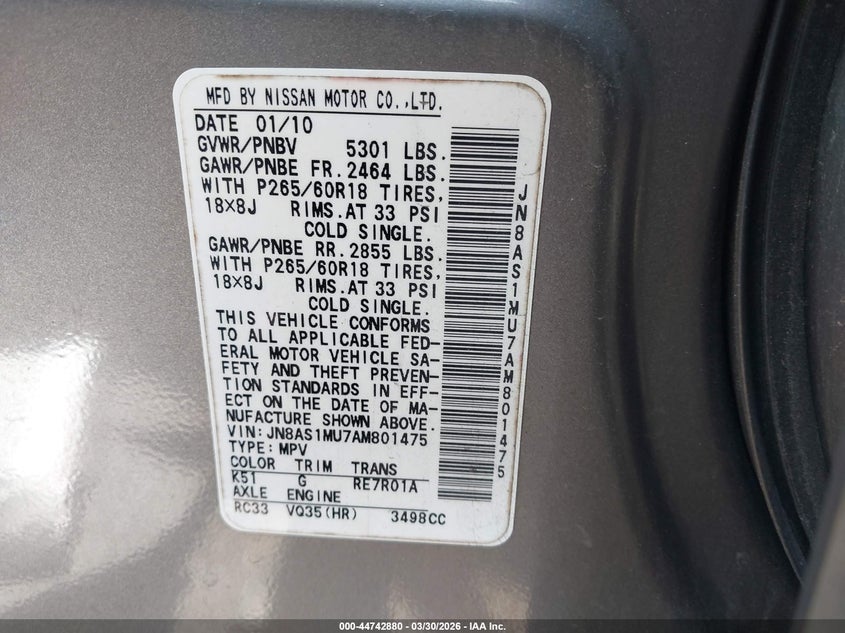 2010 Infiniti Fx35 VIN: JN8AS1MU7AM801475 Lot: 44742880