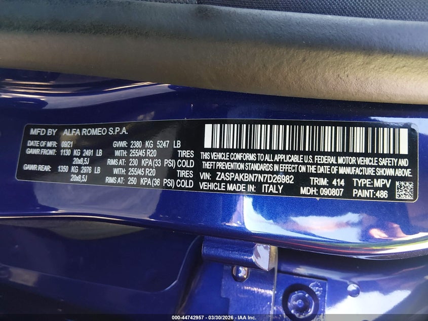 2022 ALFA ROMEO STELVIO 2.0L I-4 DI, VVT, TU(VIN: ZASPAKBN7N7D26982