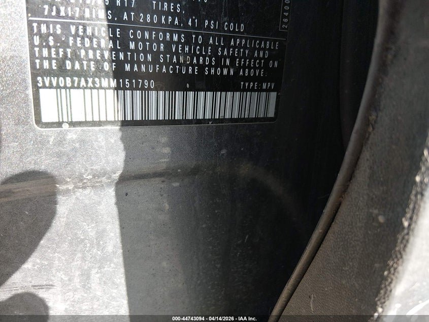 2021 Volkswagen Tiguan 2.0T S VIN: 3VV0B7AX3MM151790 Lot: 44743094