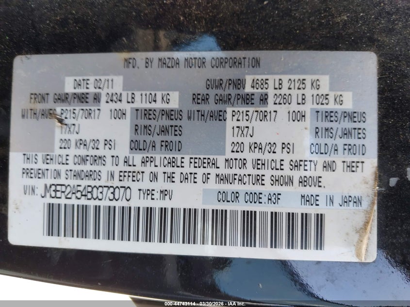 2011 Mazda Cx-7 I Sv VIN: JM3ER2A54B0373070 Lot: 44743114