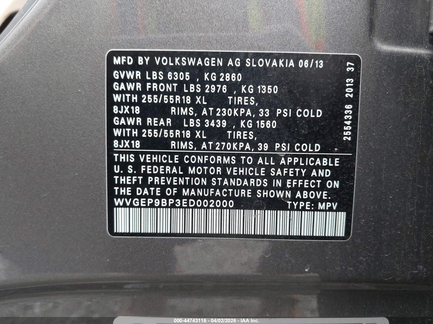 2014 Volkswagen Touareg Tdi Sport VIN: WVGEP9BP3ED002000 Lot: 44743116