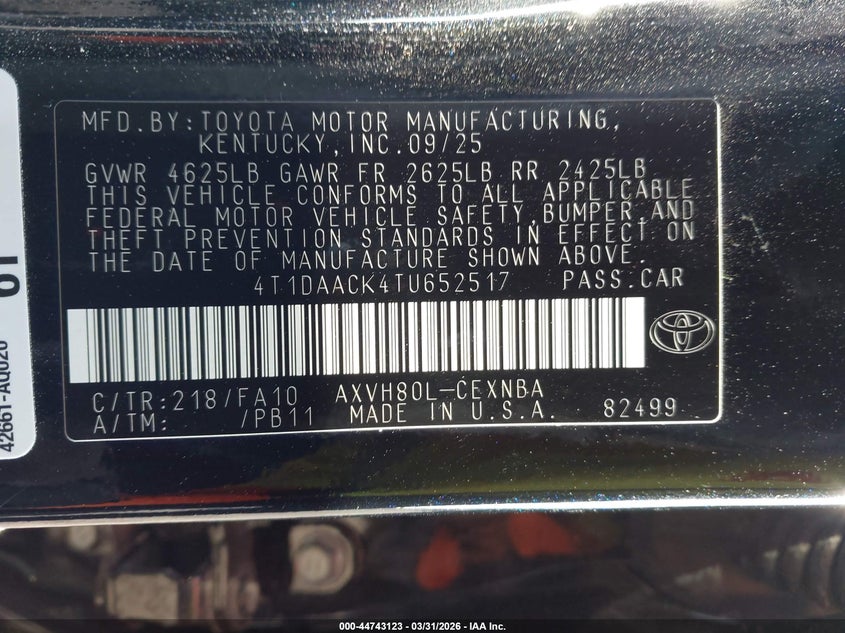 2026 TOYOTA CAMRY 2.5L I-4 DI, DOHC, V(VIN: 4T1DAACK4TU652517
