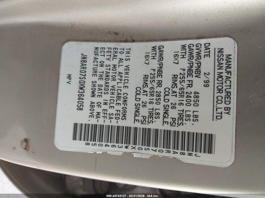 1999 Nissan Pathfinder Le/Se/Xe VIN: JN8AR07S0XW364058 Lot: 44743127