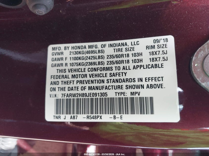 VIN 7FARW2H89JE091305 2018 HONDA CR-V EX-L/EX-L NAVI