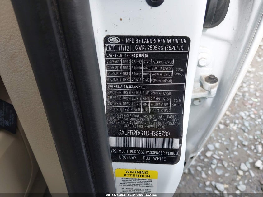 2013 Land Rover Lr2 VIN: SALFR2BG1DH328730 Lot: 44743251