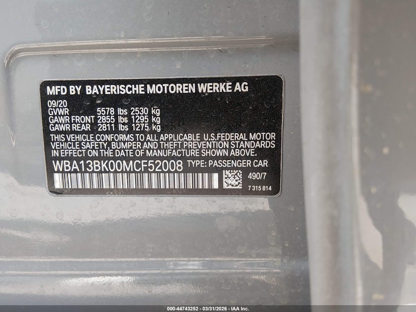 BMW M550I 2021 VIN WBA13BK00MCF52008