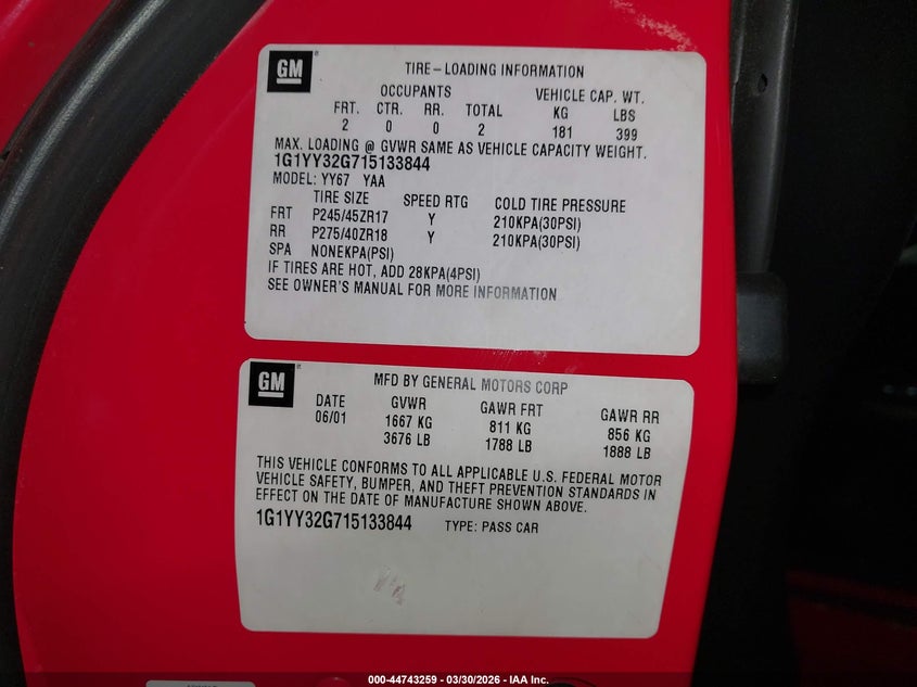 2001 Chevrolet Corvette VIN: 1G1YY32G715133844 Lot: 44743259