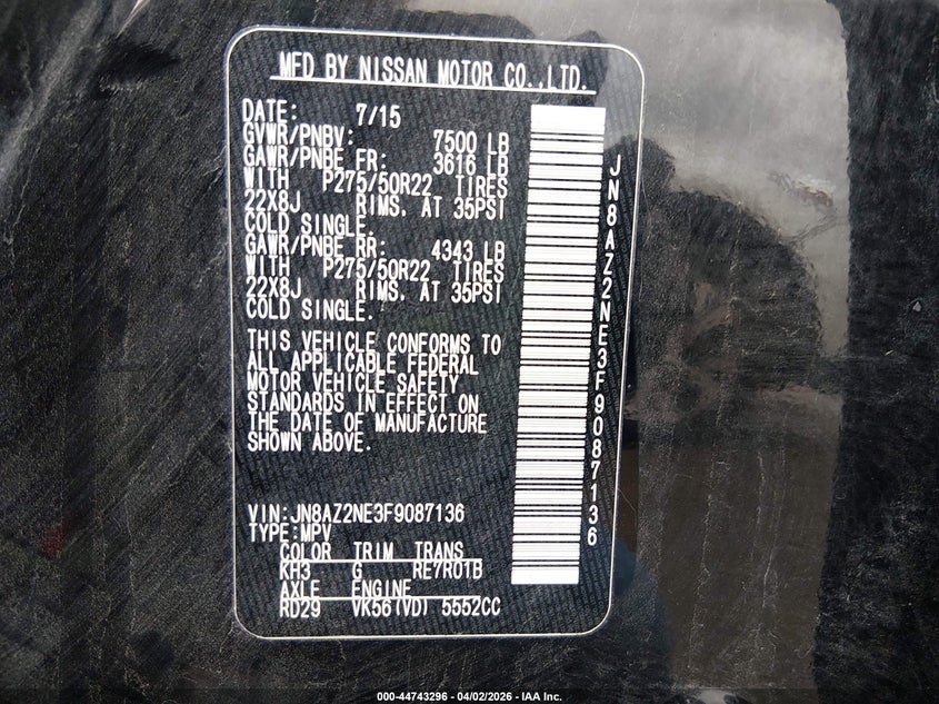 2015 Infiniti Qx80 VIN: JN8AZ2NE3F9087136 Lot: 44743296