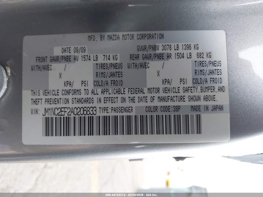 2010 Mazda Mx-5 Miata Sport VIN: JM1NC2EF2A0206833 Lot: 44743314