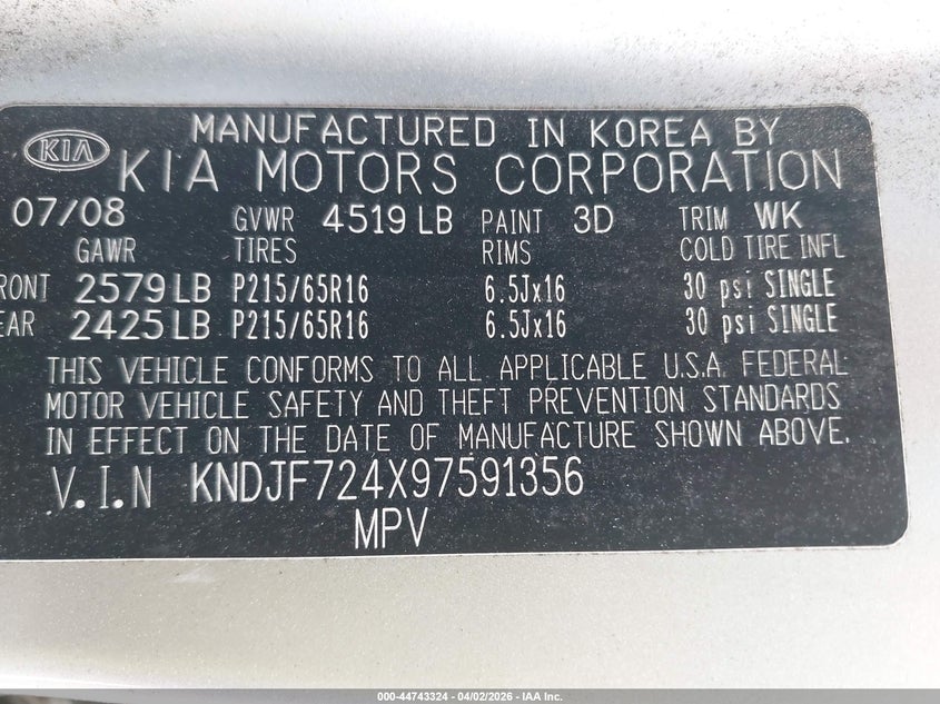 2009 Kia Sportage Lx VIN: KNDJF724X97591356 Lot: 44743324