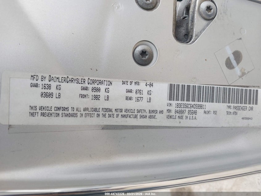 2004 Dodge Neon Sxt VIN: 1B3ES56C04D514817 Lot: 44743326