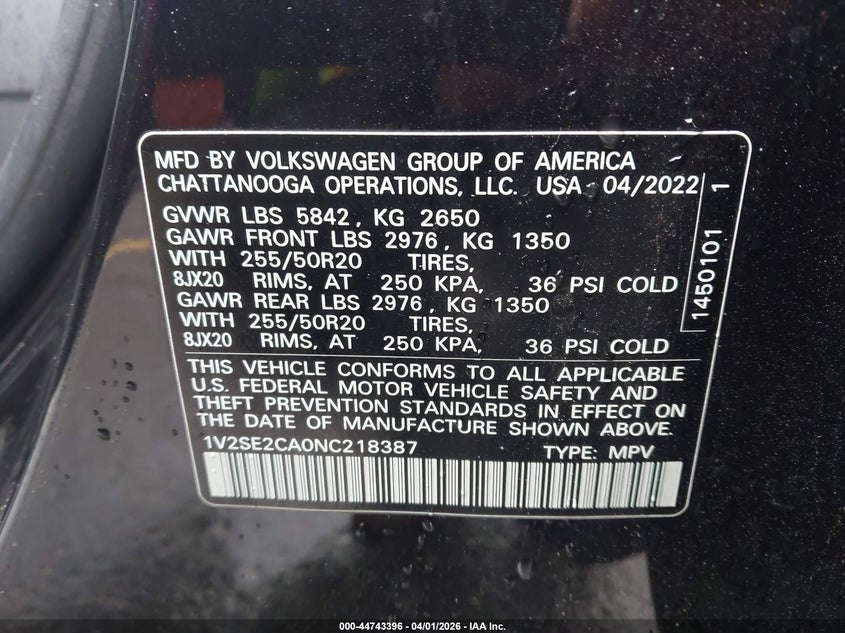 2022 Volkswagen Atlas Cross Sport 3.6L V6 Sel R-Line VIN: 1V2SE2CA0NC218387 Lot: 44743396