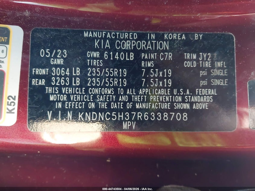 2024 Kia Carnival Mpv Ex VIN: KNDNC5H37R6338708 Lot: 44743504