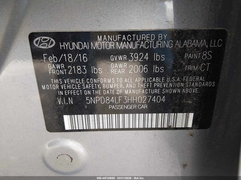 VIN 5NPD84LF3HH027404 2017 HYUNDAI ELANTRA LIMITED