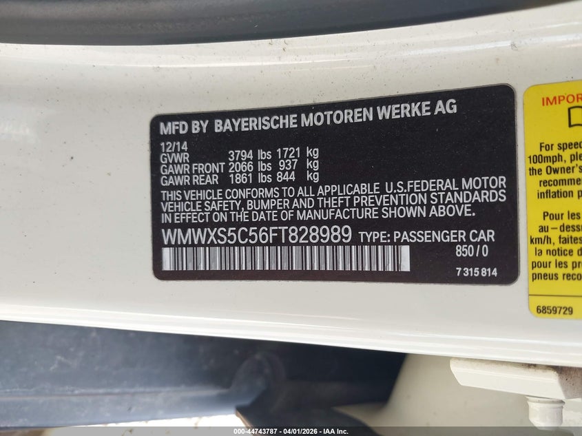 2015 Mini Hardtop Cooper VIN: WMWXS5C56FT828989 Lot: 44743787