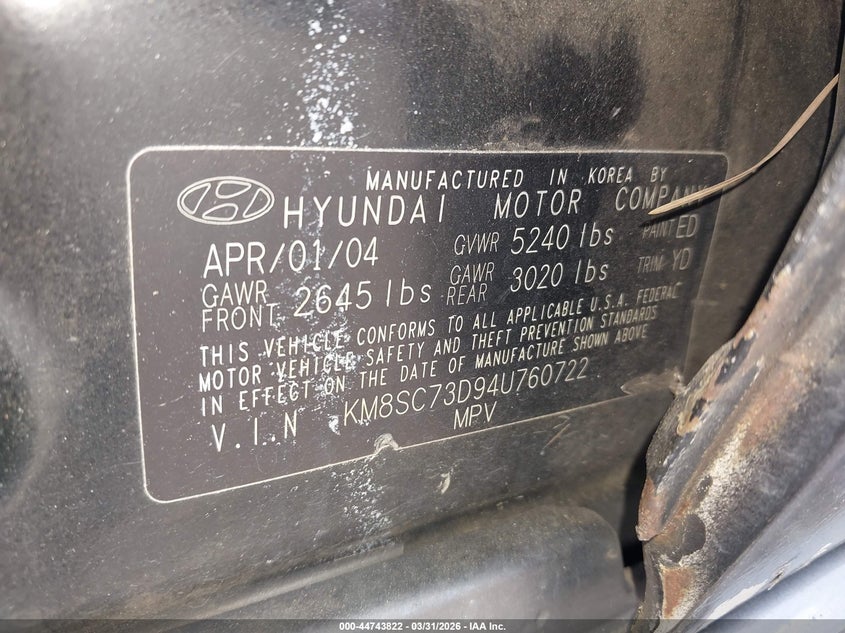 2004 Hyundai Santa Fe Gls VIN: KM8SC73D94U760722 Lot: 44743822