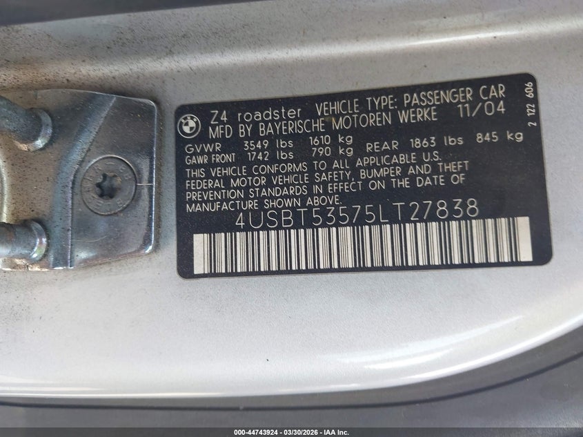 2005 BMW Z4 3.0I VIN: 4USBT53575LT27838 Lot: 44743924