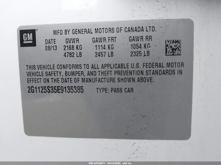 2014 Chevrolet Impala 3.6 2Lt white Lot 111044743971 Vin 2G1125S35E9135385