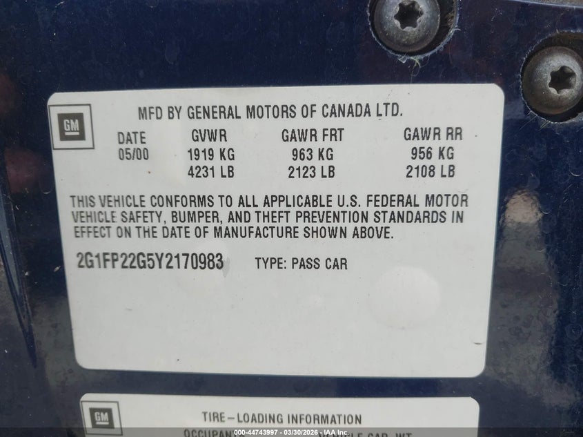 2000 Chevrolet Camaro Z28 VIN: 2G1FP22G5Y2170983 Lot: 44743997