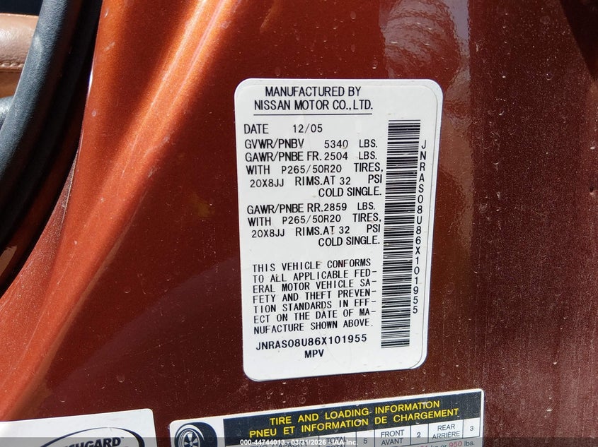 2006 Infiniti Fx35 VIN: JNRAS08U86X101955 Lot: 44744013