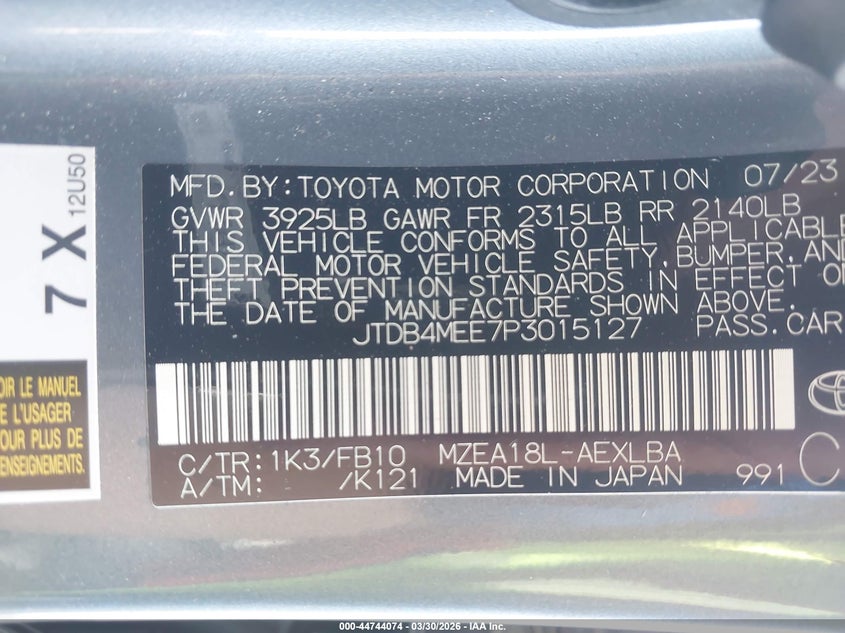 2023 TOYOTA COROLLA 2.0L I-4 DI, DOHC, V(VIN: JTDB4MEE7P3015127