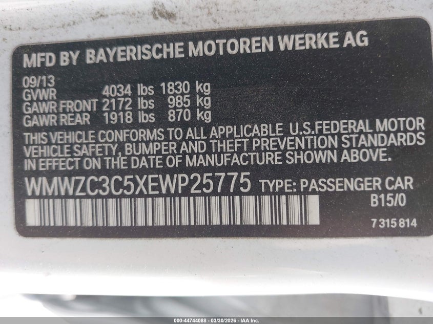 2014 Mini Countryman Cooper S VIN: WMWZC3C5XEWP25775 Lot: 44744088