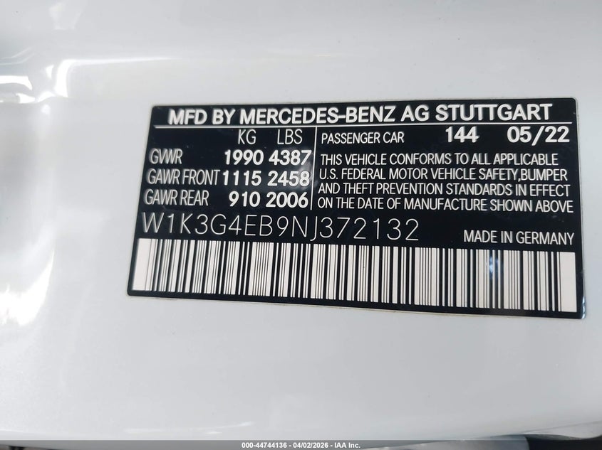 2022 Mercedes-Benz A 220 VIN: W1K3G4EB9NJ372132 Lot: 44744136