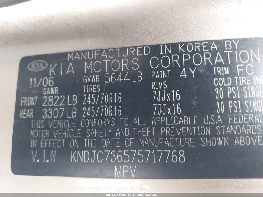 2007 Kia Sorento Lx VIN: KNDJC736575717768 Lot: 44744184